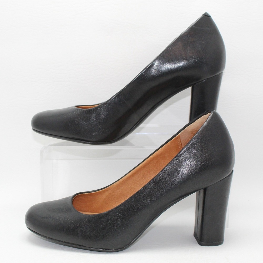Clarks Indigo Womens Black Leather Round Toe Block Heel Pumps 63185 Size 7M